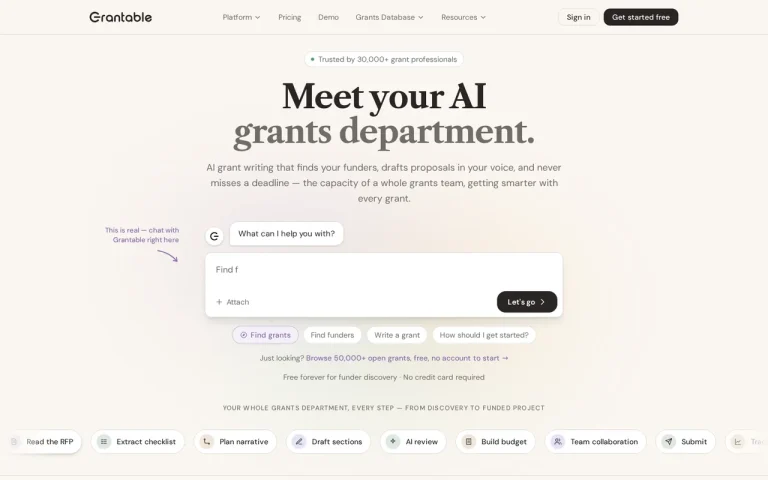 Grantable homepage screenshot showing the official landing page