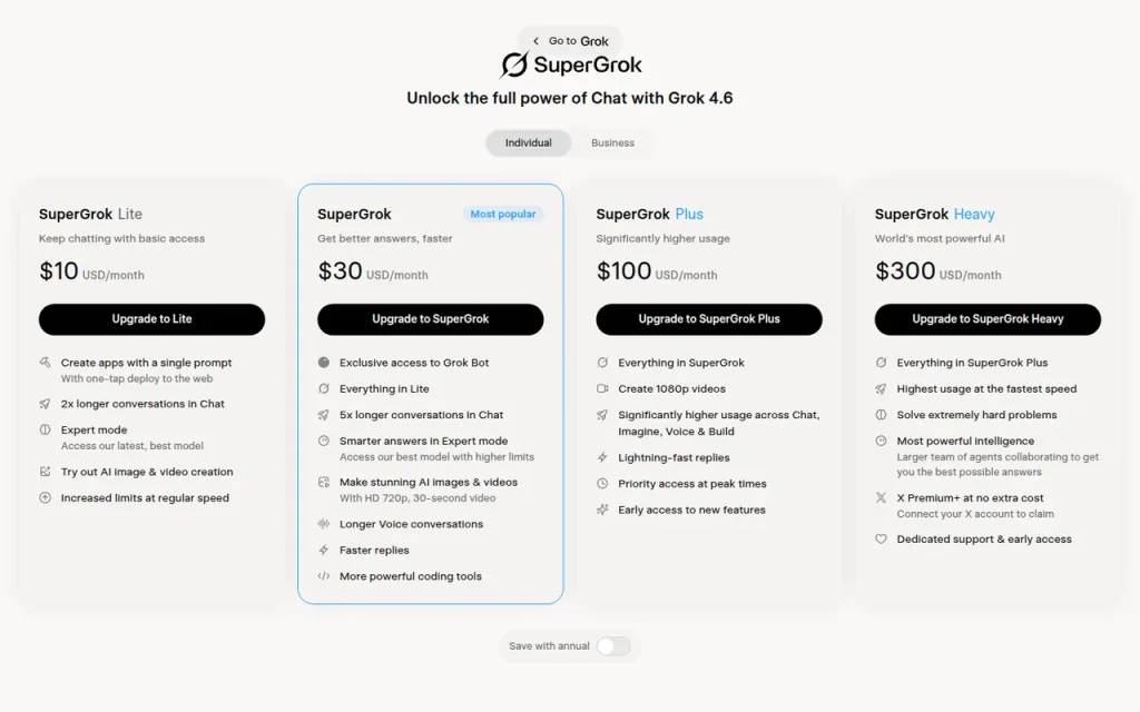 Grok features page screenshot showing the product interface