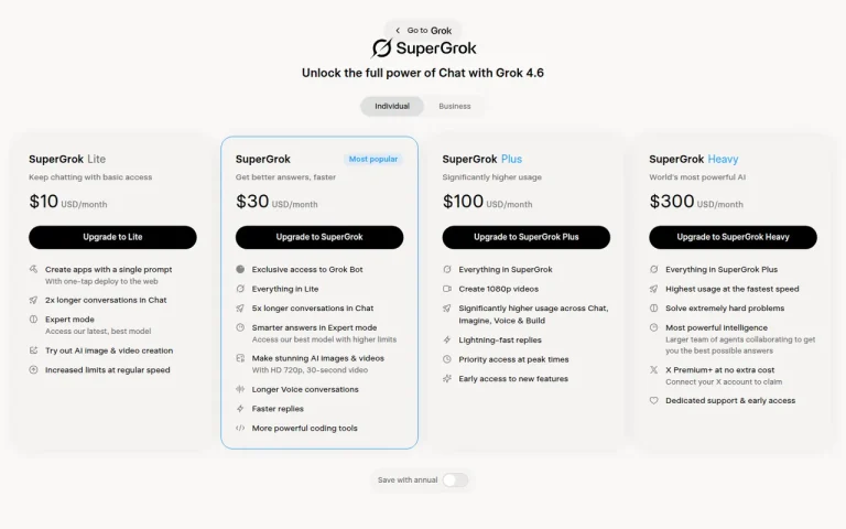Grok features page screenshot showing the product interface
