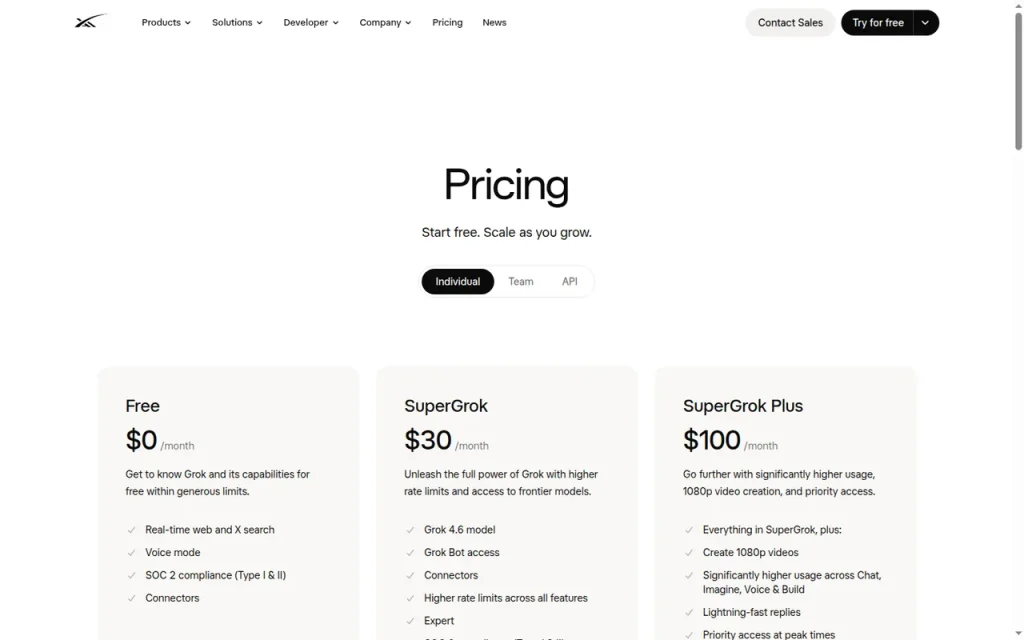 Grok official pricing page screenshot with plan names