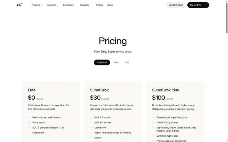 Grok official pricing page screenshot with plan names