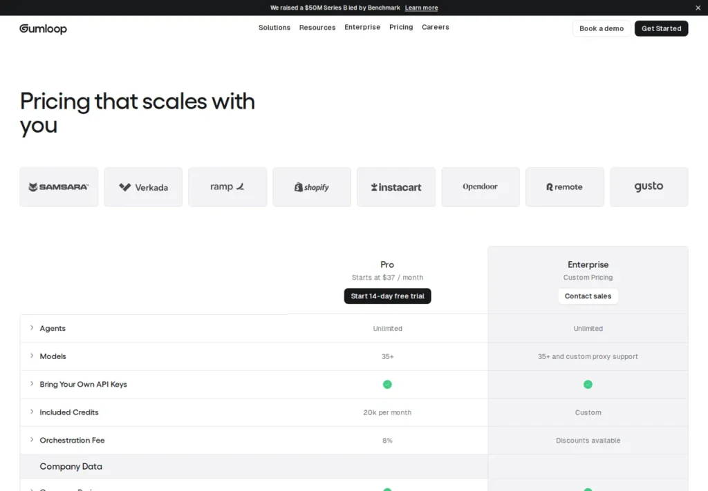 Gumloop pricing page showing plan allocations; confirm checkout and trial terms