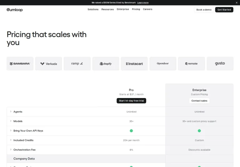Gumloop pricing page showing plan allocations; confirm checkout and trial terms