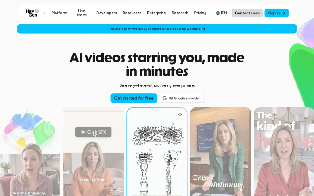 HeyGen homepage screenshot showing the official landing page