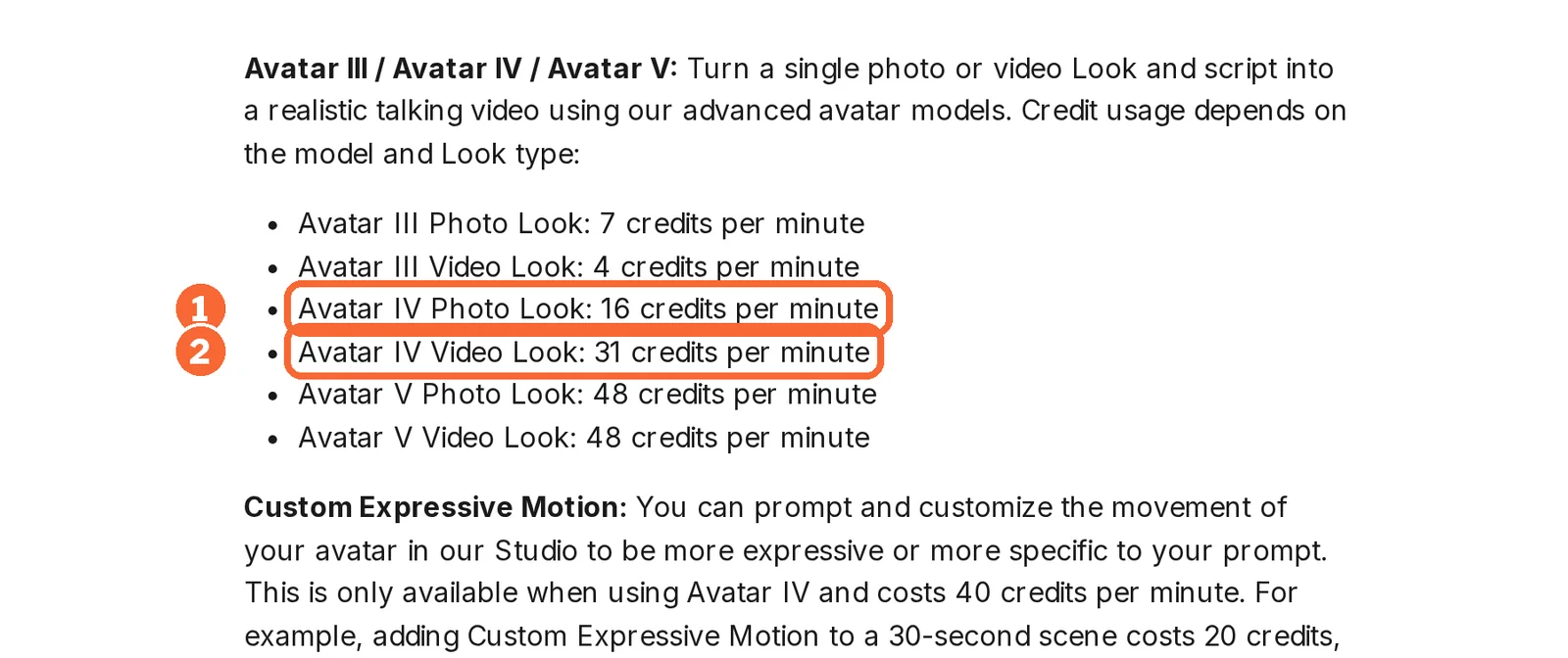 HeyGen help article listing credits per minute for each avatar model, with the Avatar IV photo and video look rates marked