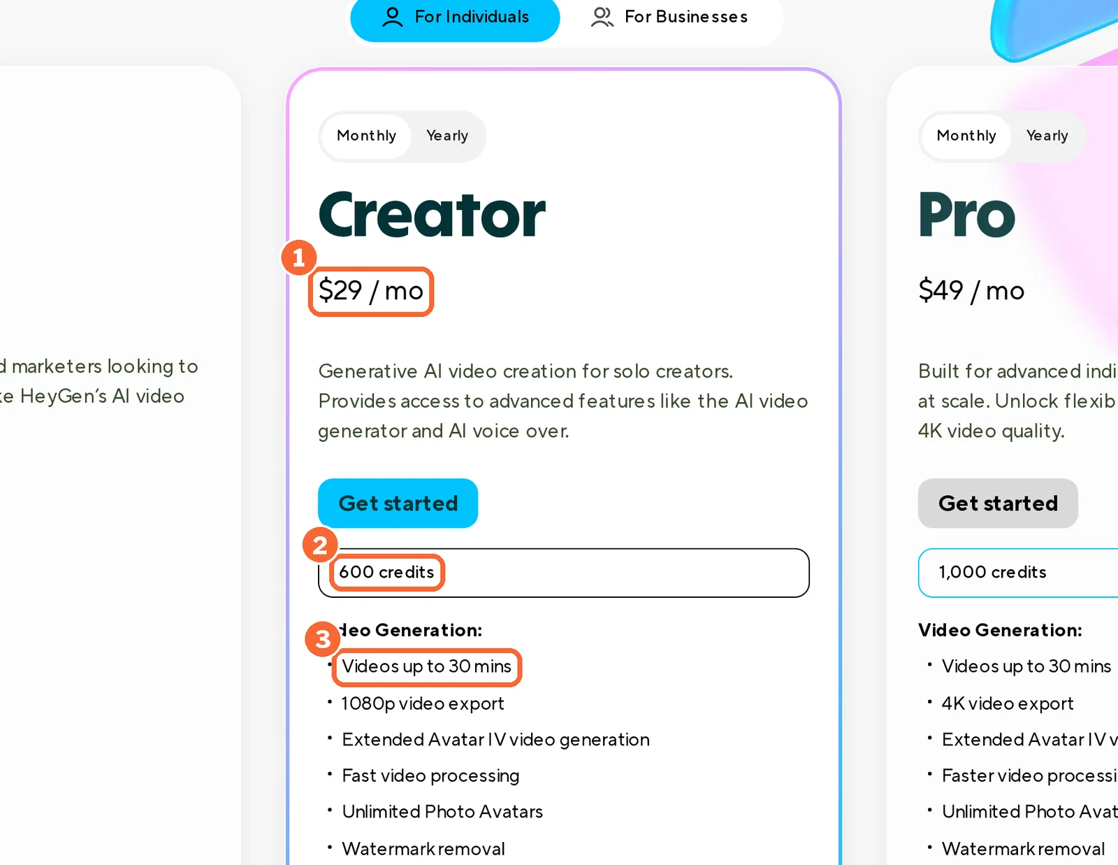 HeyGen pricing page Creator card with $29 a month, 600 credits and videos up to 30 minutes marked