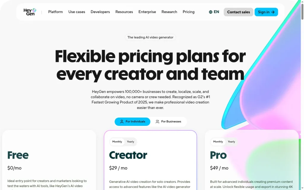HeyGen official pricing page screenshot with plan names