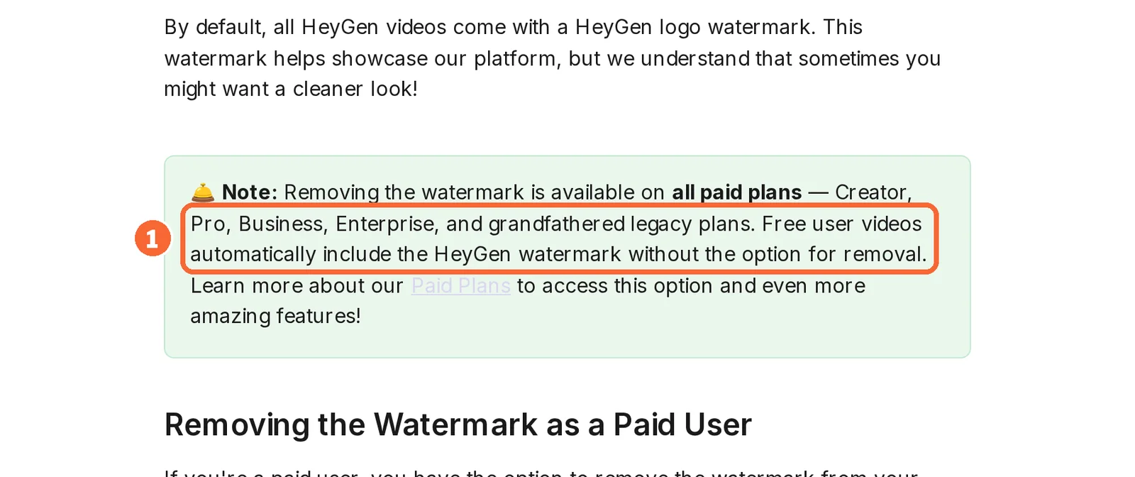 HeyGen Help Center watermark note stating that free user videos include the watermark without an option to remove it, marked