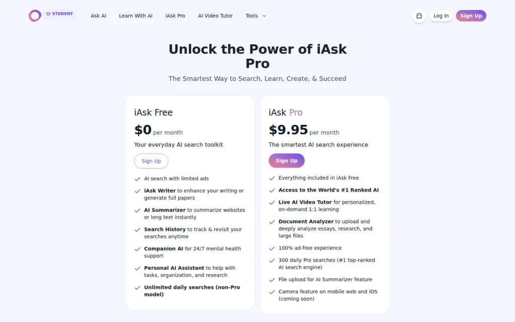 iAsk official pricing page screenshot with plan names