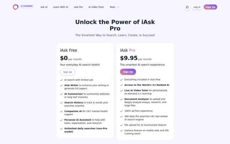 iAsk official pricing page screenshot with plan names