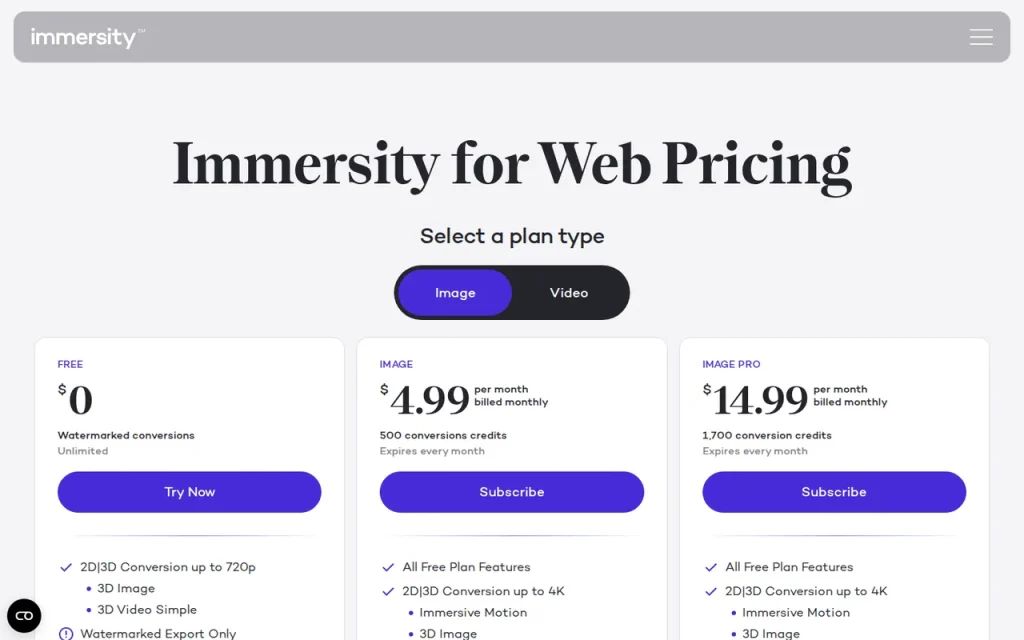 Immersity AI official pricing page screenshot with plan names