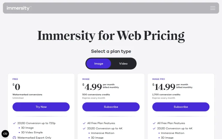 Immersity AI official pricing page screenshot with plan names