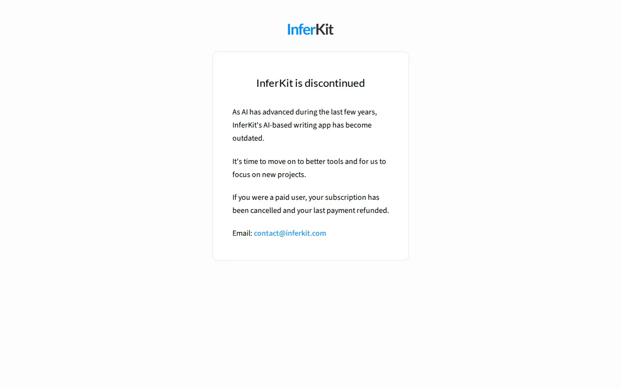 InferKit homepage showing the notice InferKit is discontinued, with the refund statement for paid users and the contact email