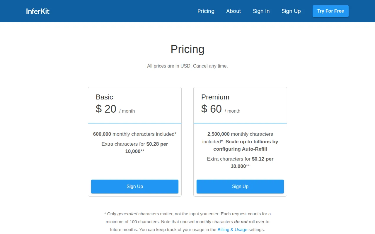 Archived InferKit pricing page from April 2023 listing Basic at 20 dollars and Premium at 60 dollars a month with monthly character allowances