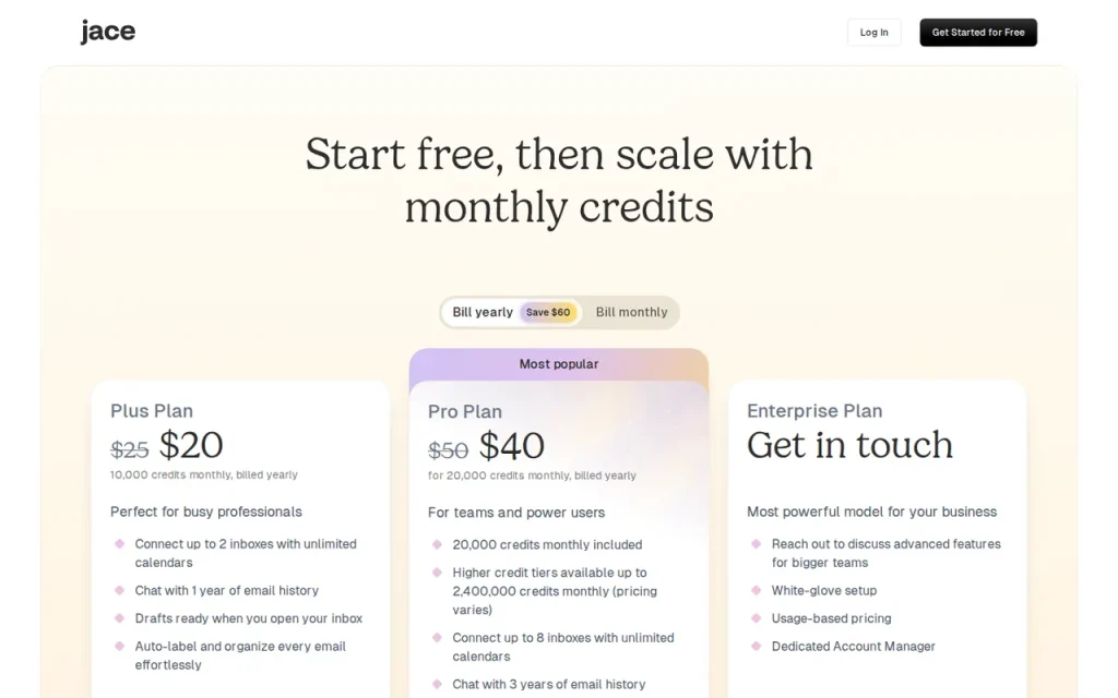 Jace AI official pricing page screenshot with plan names