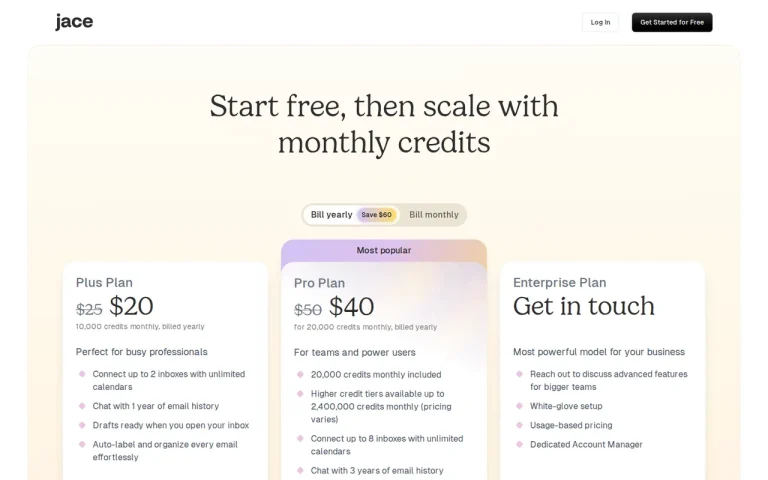 Jace AI official pricing page screenshot with plan names