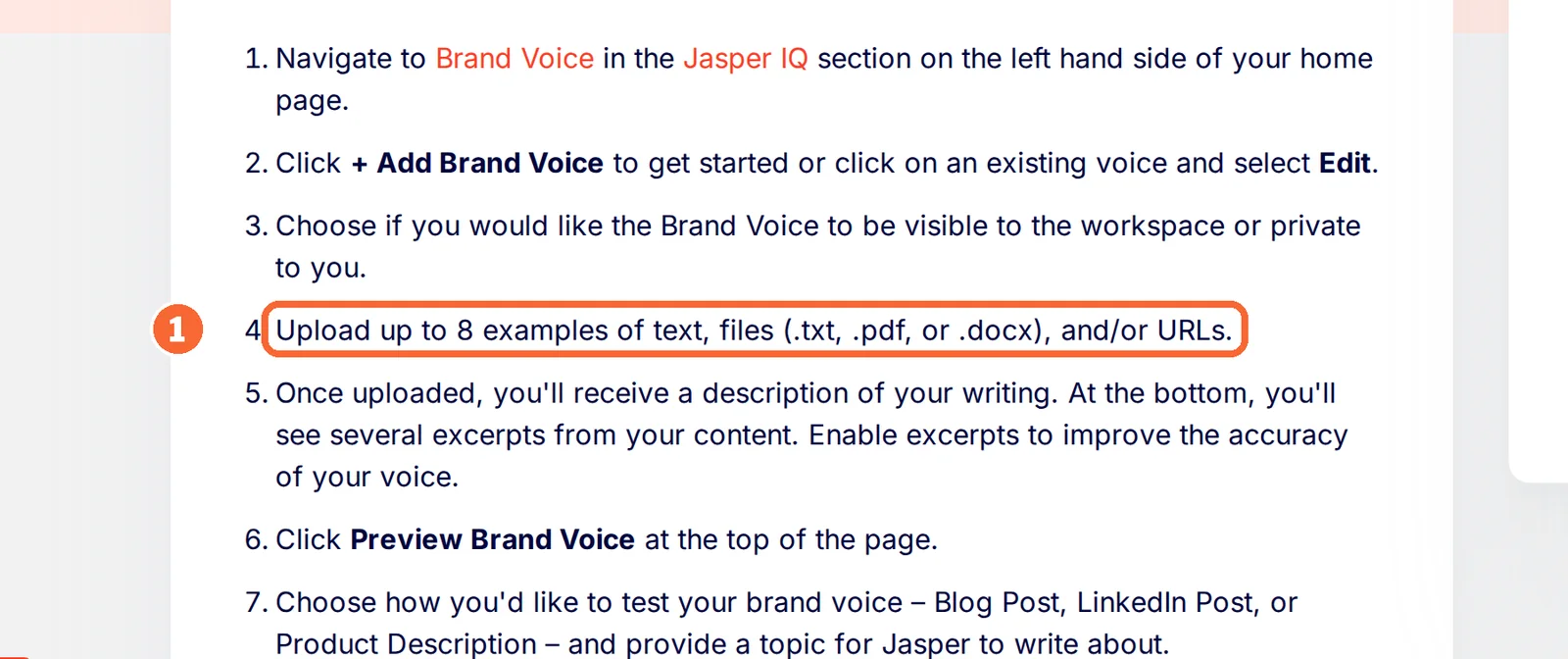 Jasper Help Center Brand Voice steps with the upload limit of 8 examples marked