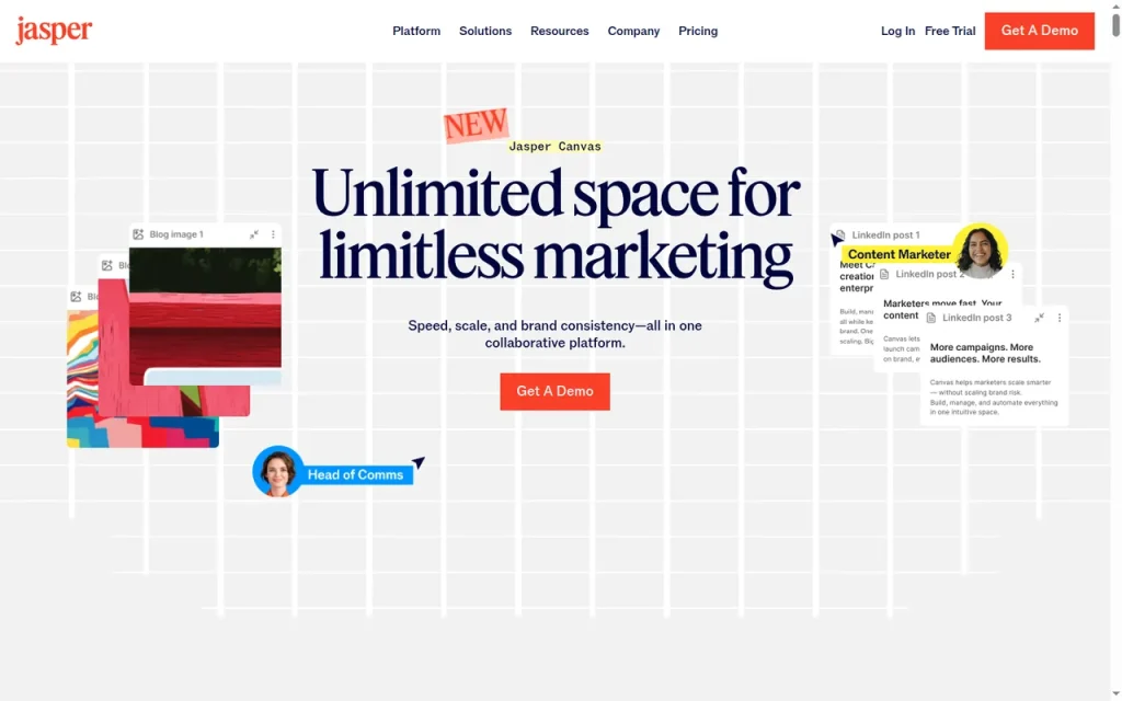 Jasper features page screenshot showing the product interface