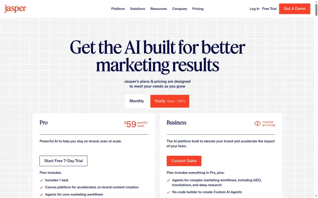 Jasper official pricing page screenshot with plan names