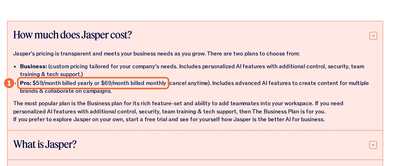 Jasper pricing page FAQ with the Pro price billed yearly and billed monthly marked