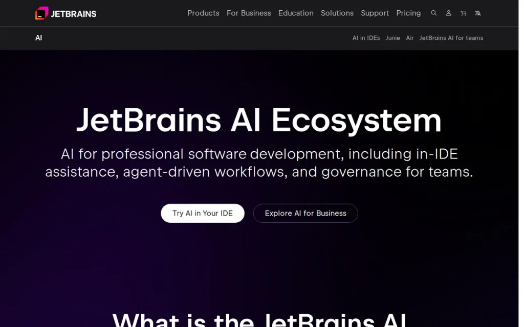 JetBrains AI Assistant homepage screenshot showing the official landing page