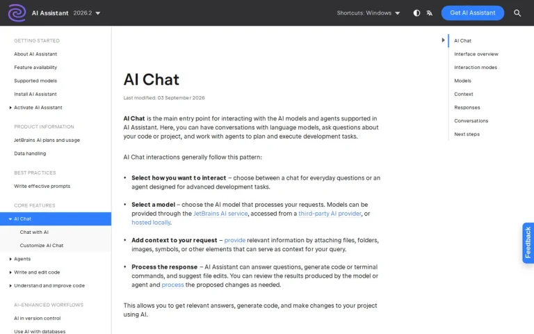 JetBrains AI Assistant features page screenshot showing the product interface