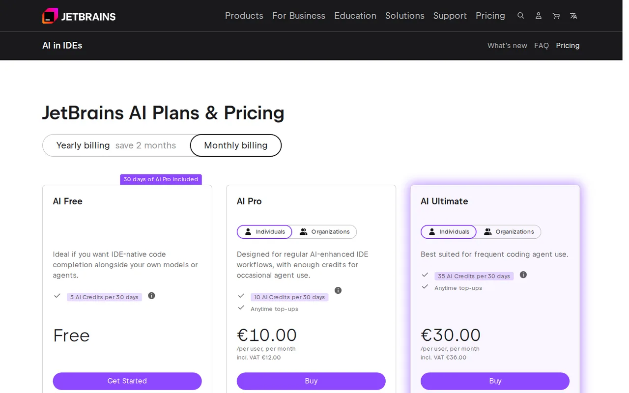 JetBrains AI official personal pricing page with plan names