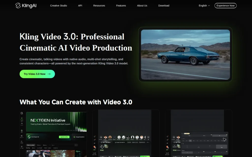 Kling AI features page screenshot showing the product interface