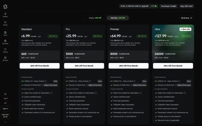 Kling AI official pricing page screenshot with plan names