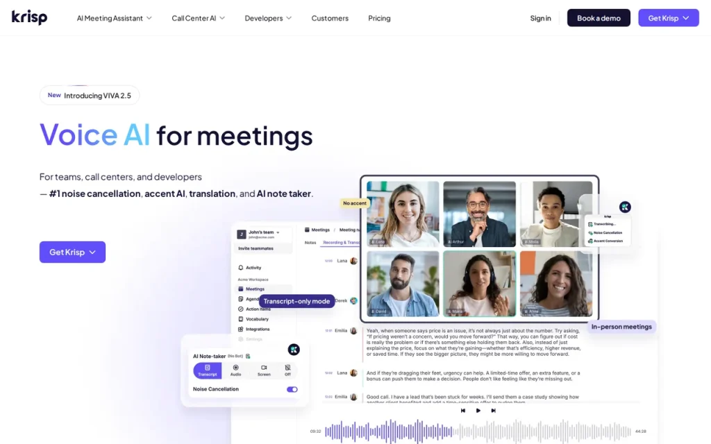 Krisp homepage screenshot showing the official landing page
