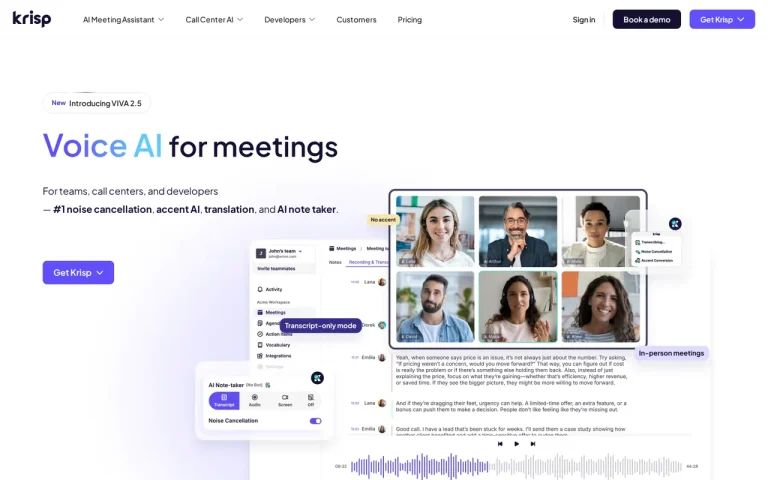 Krisp homepage screenshot showing the official landing page
