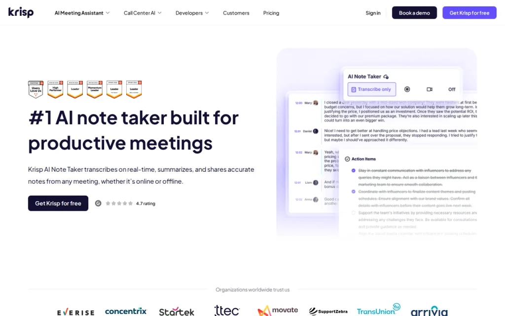Krisp features page screenshot showing the product interface