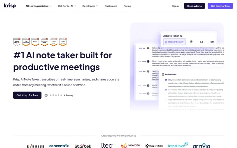 Krisp features page screenshot showing the product interface