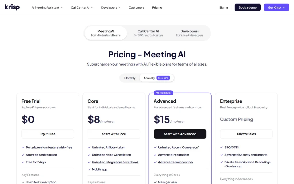 Krisp official pricing page screenshot with plan names