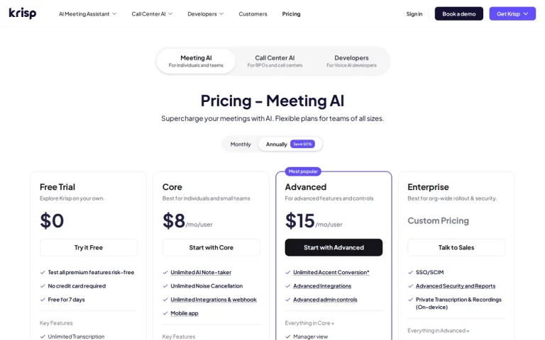 Krisp official pricing page screenshot with plan names
