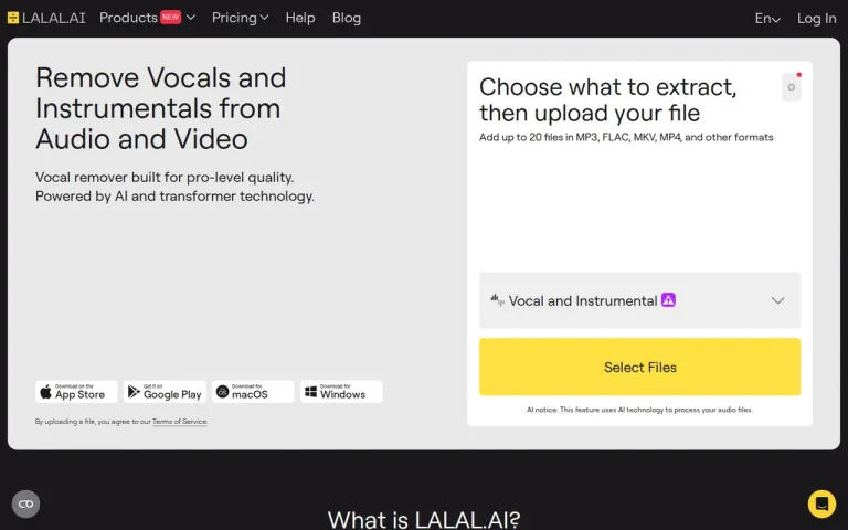 LALAL.AI homepage screenshot showing the official landing page