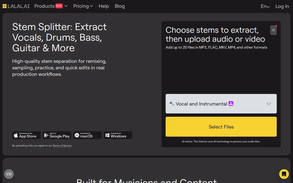 LALAL.AI features page screenshot showing the product interface