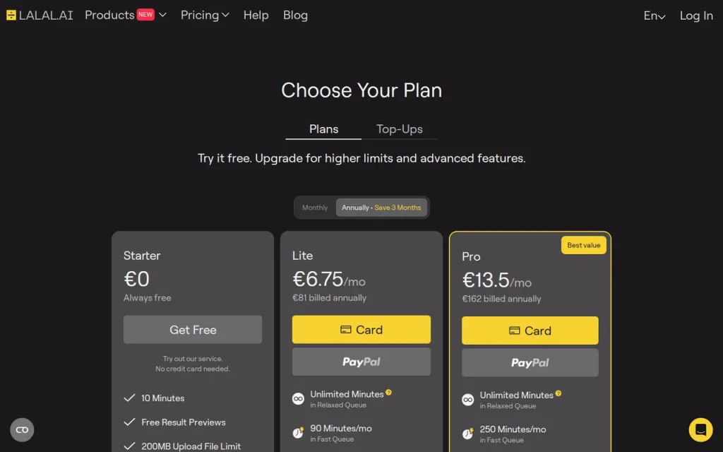 LALAL.AI official pricing page screenshot with plan names