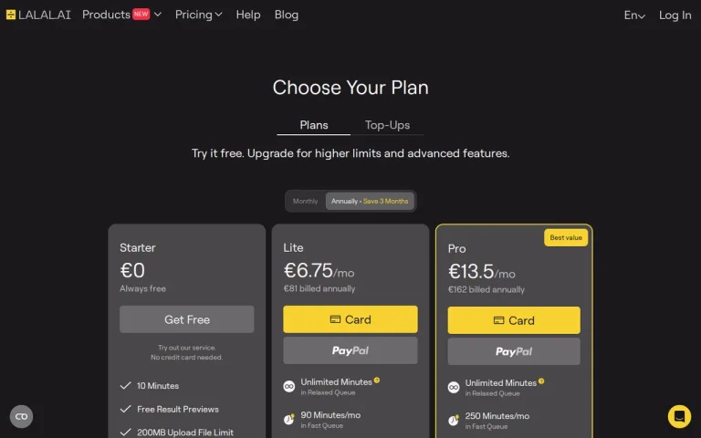 LALAL.AI official pricing page screenshot with plan names