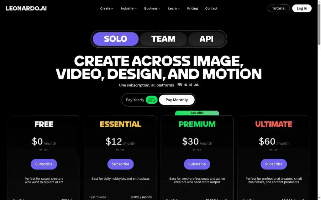 Leonardo.Ai official pricing page screenshot with plan names