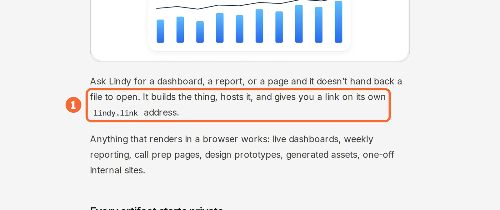 Lindy artifacts documentation with the sentence on hosting the result at a lindy.link address marked