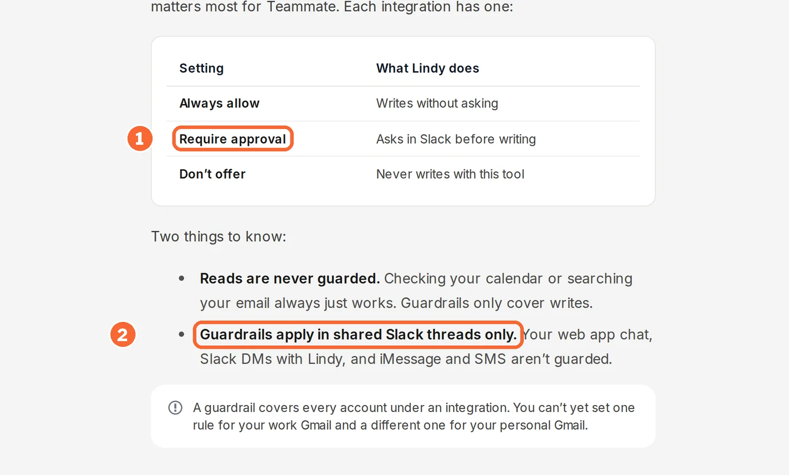 Lindy integrations documentation with the Require approval setting and the shared Slack threads limit marked