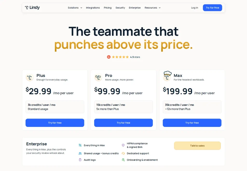 Lindy pricing page showing plan allocations; confirm checkout and trial terms