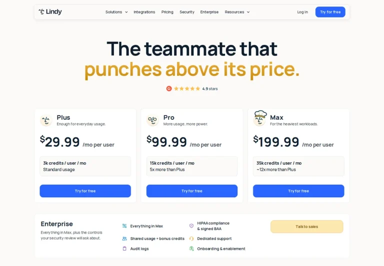 Lindy pricing page showing plan allocations; confirm checkout and trial terms