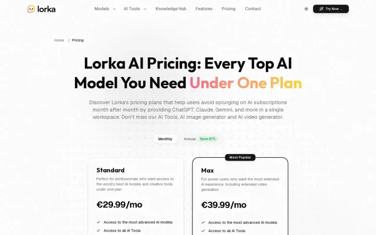 Lorka AI official pricing page screenshot with plan names