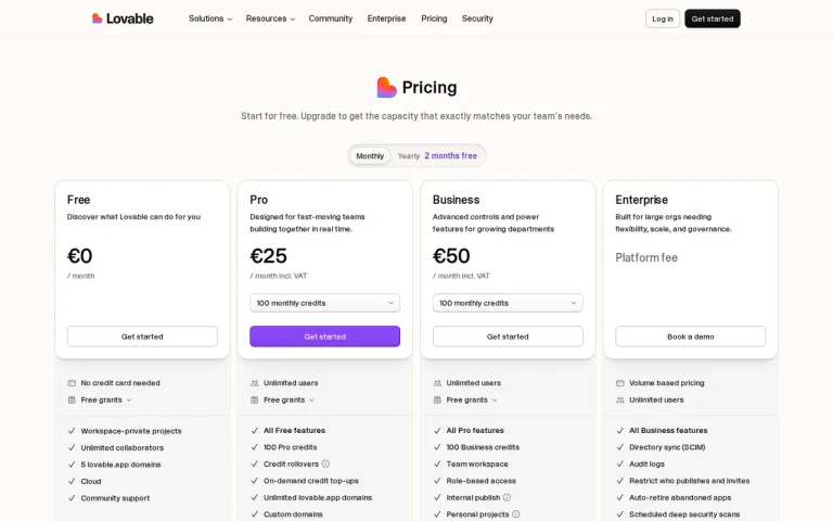 Lovable official pricing page screenshot with plan names