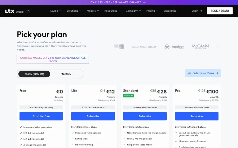 LTX Studio official pricing page screenshot with plan names