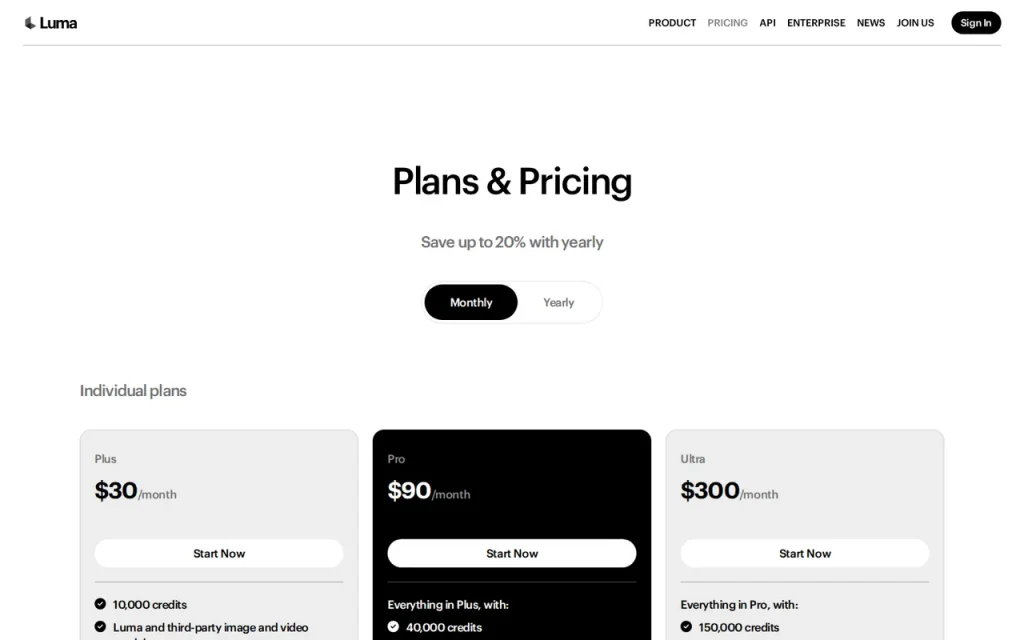 Luma AI official pricing page screenshot with plan names
