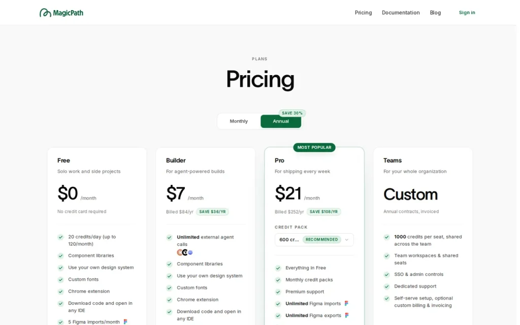 MagicPath official pricing page screenshot with plan names