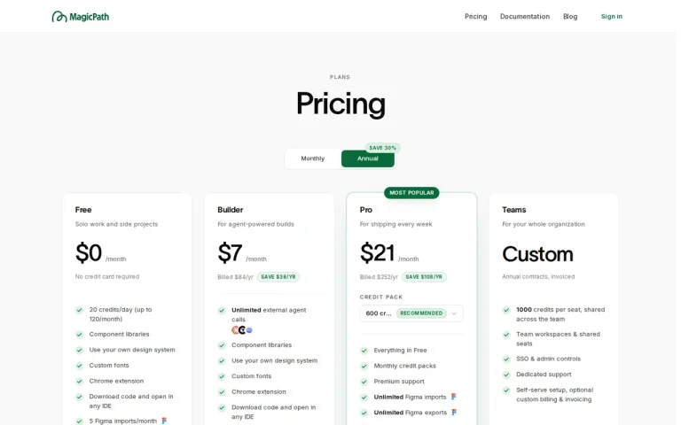 MagicPath official pricing page screenshot with plan names